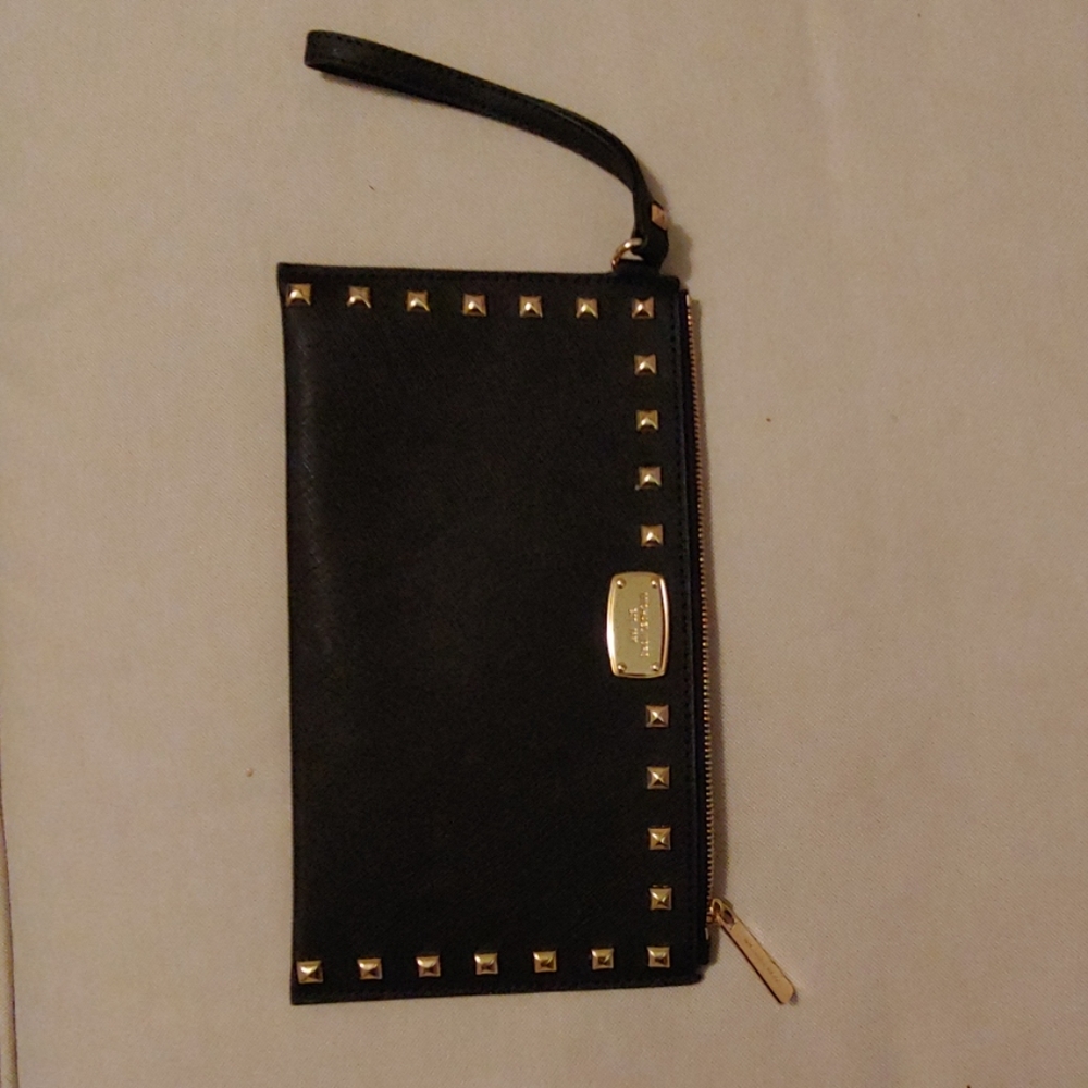 Michael Kors black leather and gold studded clutch